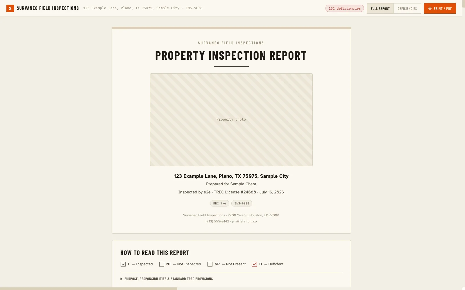 Survaneo report cover page with property photo and inspector letterhead