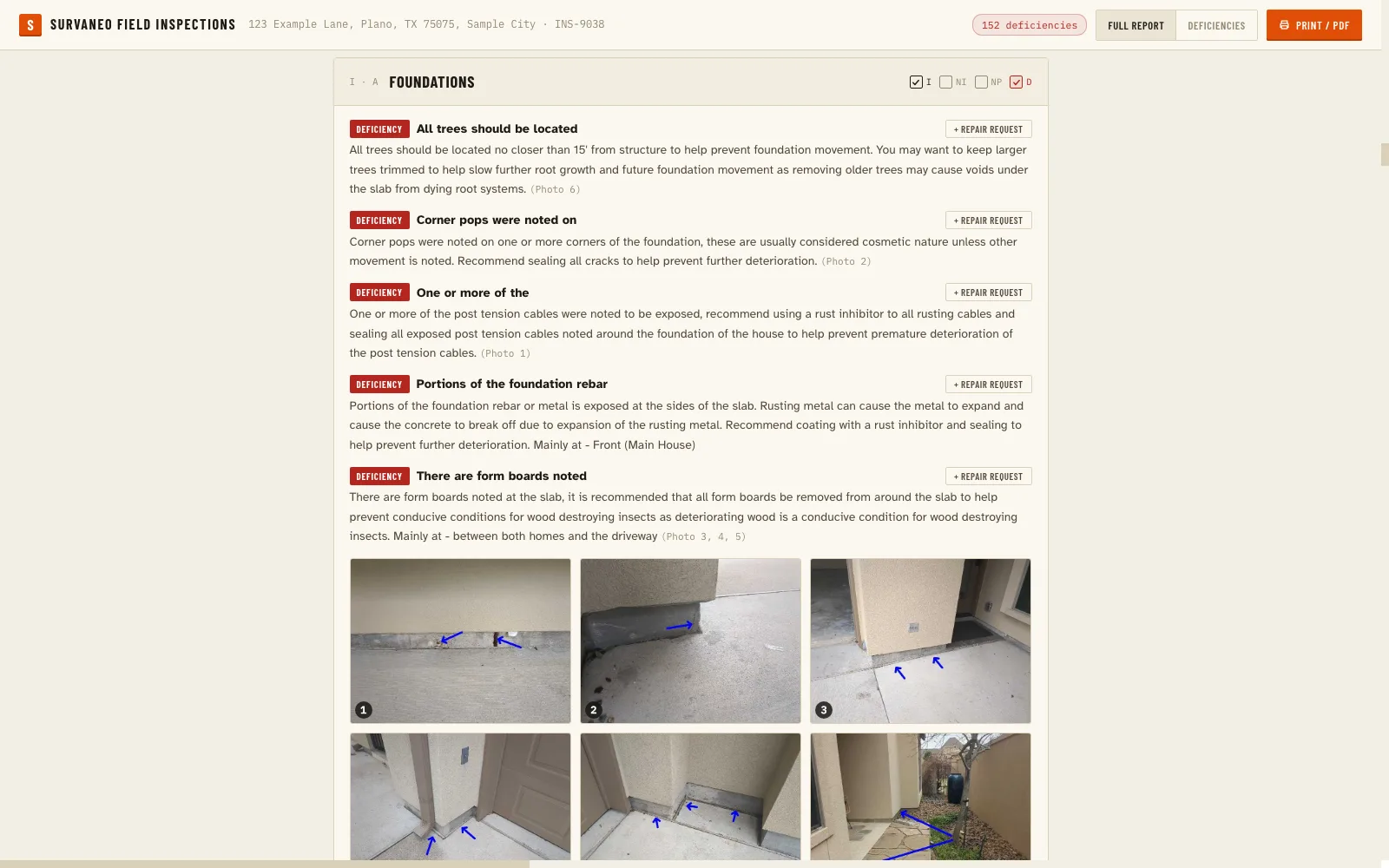 Structural systems section with findings and cited photos